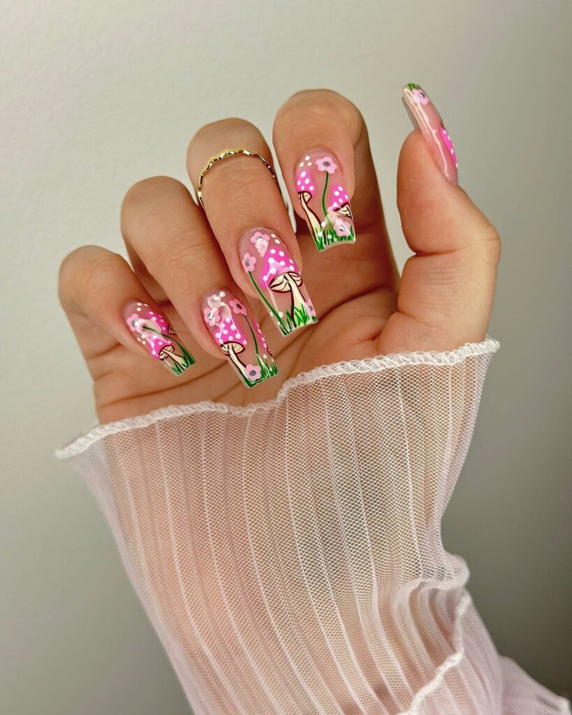 Acrylic Nails With Pink Mushroom And Pink Flower Design: